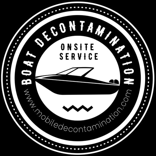 Logo for boat decontamination service with a boat icon and text on a black background
